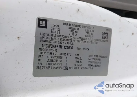 2017 Chevrolet Express 2500 Work Van z USA, uszkodzony, nr VIN 1GCWGAFF1H1121696